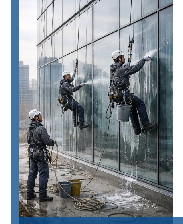 Промышленная мойка панорамных окон на высоте в Ржеве