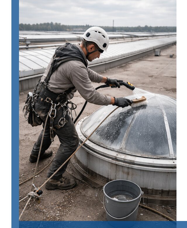 Мойка зенитных фонарей на кровле для промышленных объектов в Ржеве