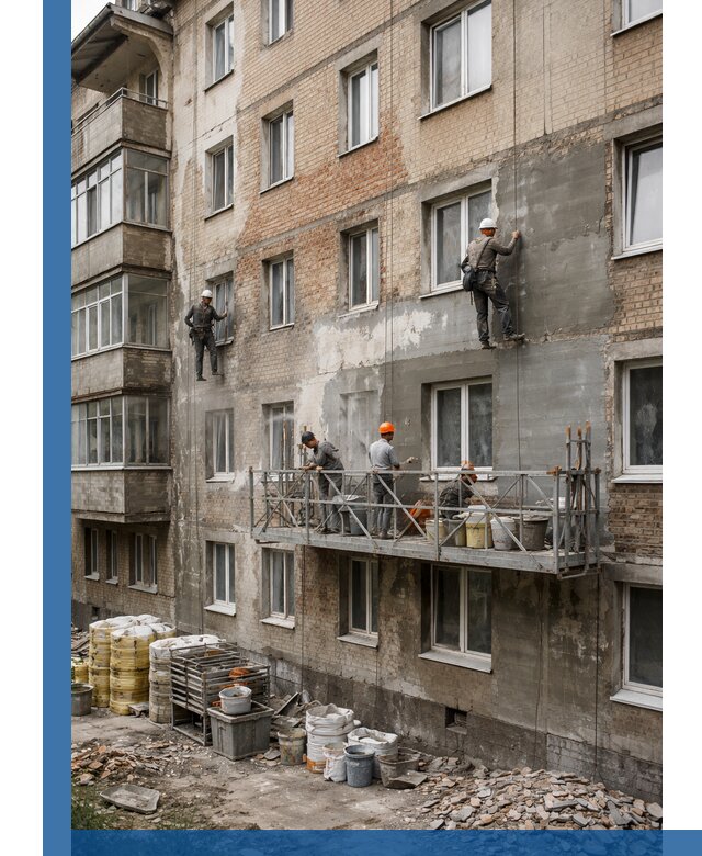 Капитальный ремонт фасада в Ржеве с восстановлением и гидроизоляцией