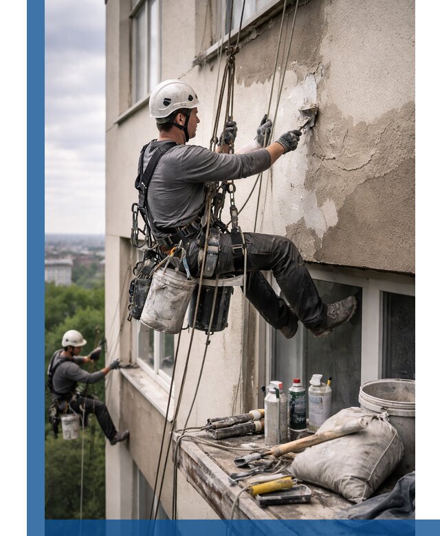 Косметический ремонт фасада зданий в Ржеве промышленными альпинистами