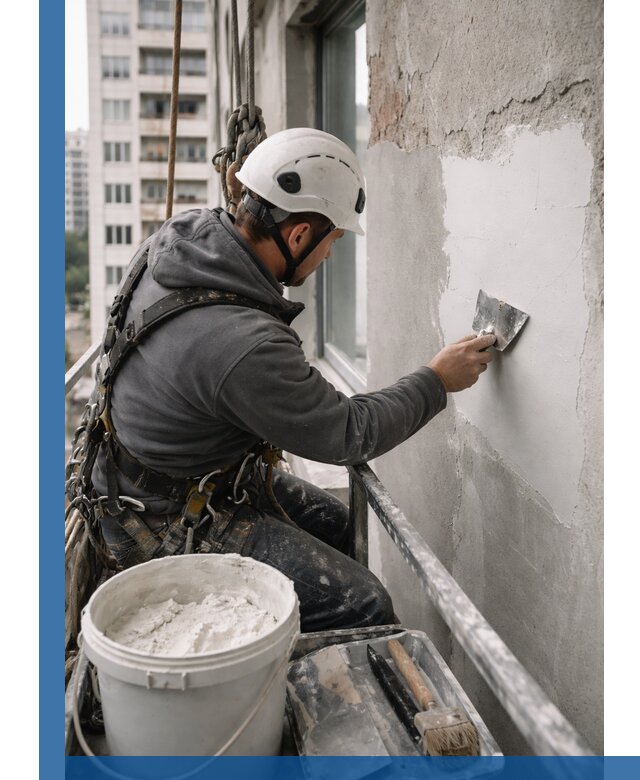 Шпаклевка фасадов на высоте с промальпинистами в Ржеве