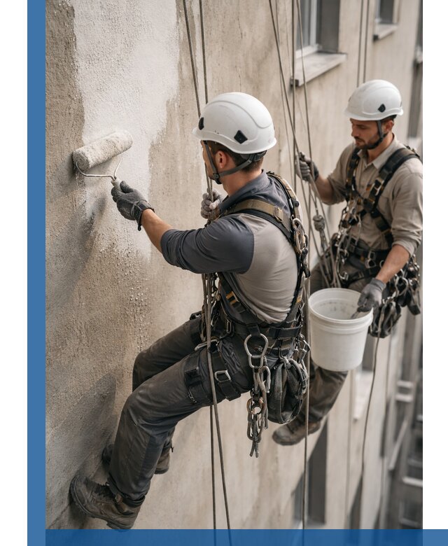 Грунтовка фасада на высоте в Ржеве промышленными альпинистами