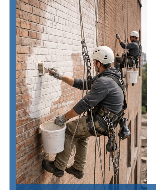 Покраска кирпичного фасада с доступным альпинистским сервисом в Ржеве