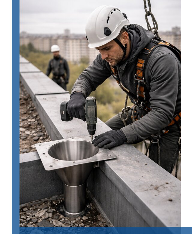 Монтаж водосточных воронок в Ржеве для промышленных зданий