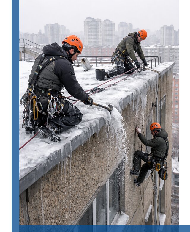 Удаление наледи с кровли в Ржеве промышленными альпинистами