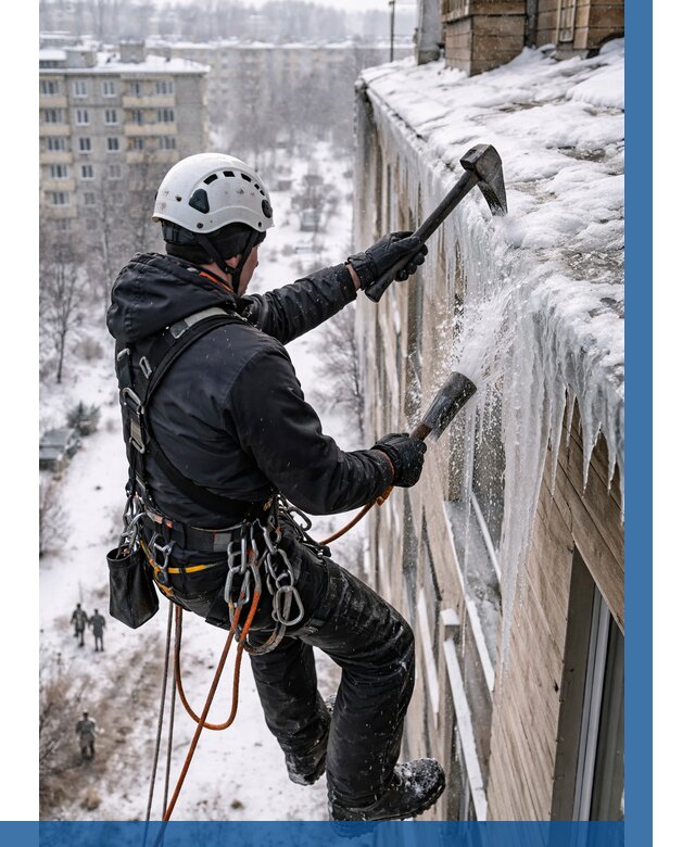 Сбивание сосулек с крыши в Ржеве по цене от 4626 р. | ВЫСОТНИК-Ржв