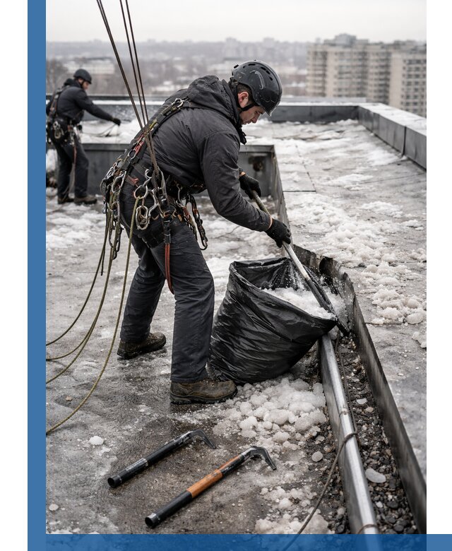 Аварийная очистка кровли в Ржеве от промальпинистов