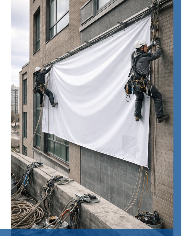 Монтаж баннеров на фасаде в Ржеве от 668 р. заказать ВЫСОТНИК-Ржв