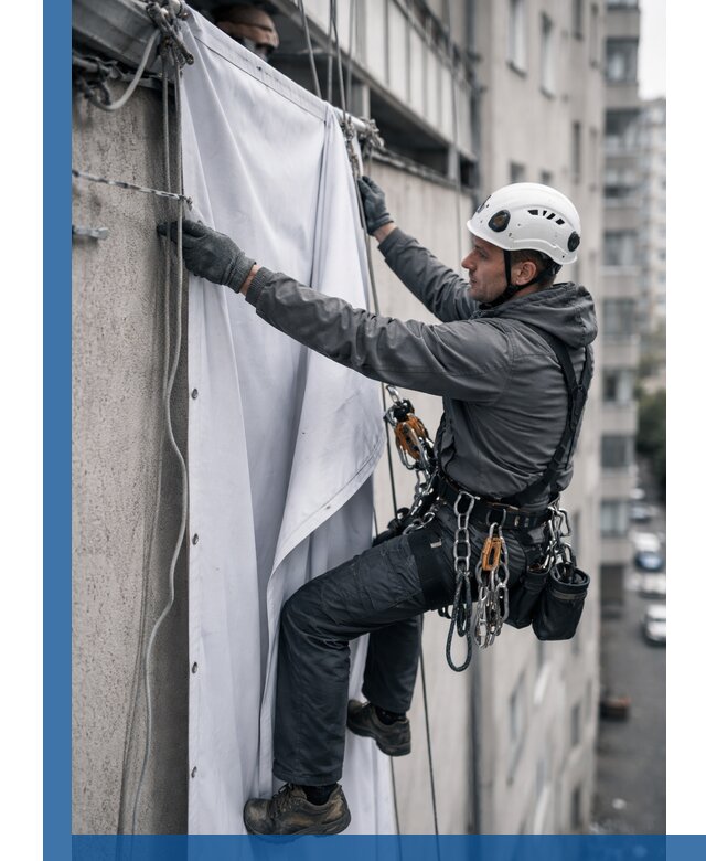 Замена баннерного полотна промышленными альпинистами в Ржеве