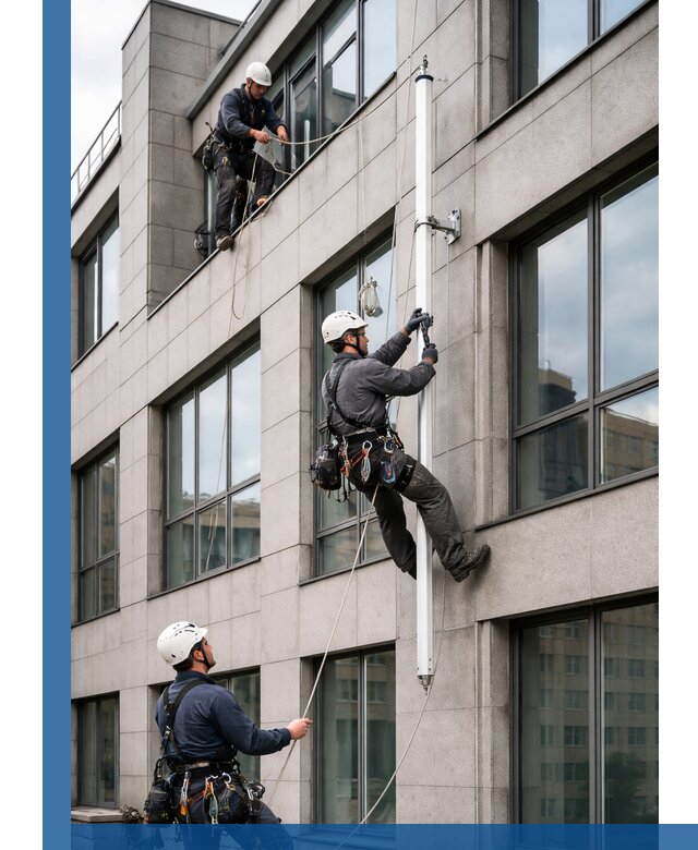 Монтаж флагштока на фасаде здания с креплением и герметикой в Ржеве