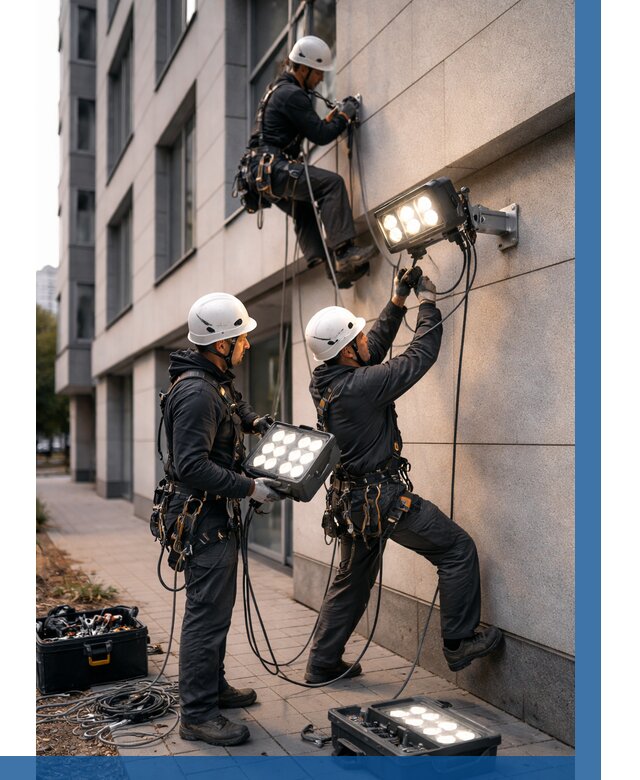 Монтаж прожекторов на фасаде в Ржеве от 7709 р. | ВЫСОТНИК-Ржв