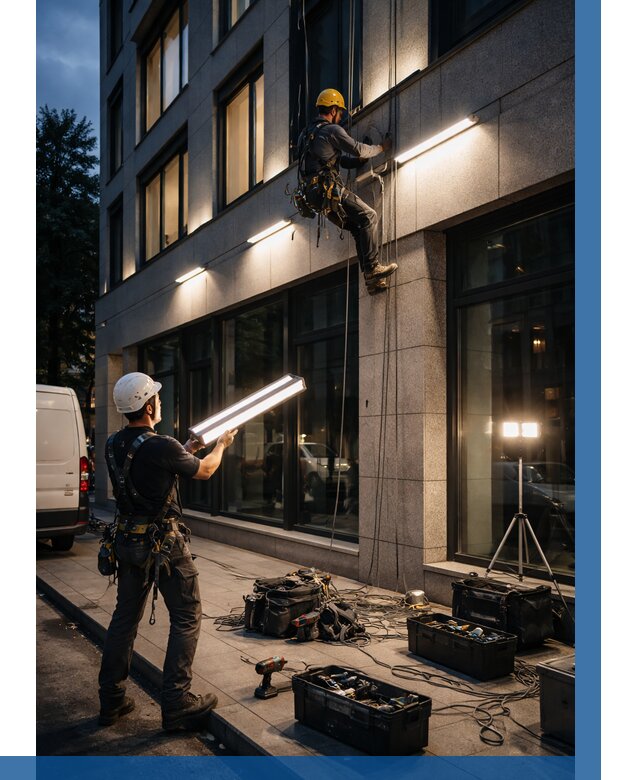 Монтаж архитектурной подсветки здания в Ржеве от 2570 р.|ВЫСОТНИК-Ржв