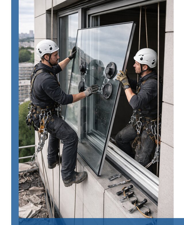 Замена стеклопакетов на высоте с промышленными альпинистами в Ржеве