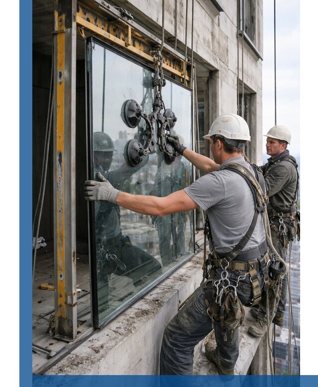 Монтаж стеклопакетов на высоте в Ржеве с промышленным альпинизмом