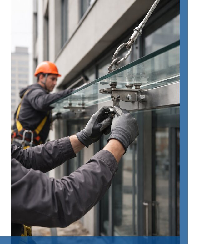 Монтаж стеклянных козырьков в Ржеве от 8737 р. | ВЫСОТНИК-Ржв