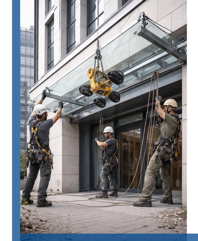 Монтаж стеклянных козырьков под ключ в Ржеве для зданий