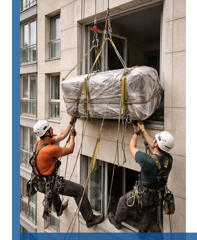 Подъем грузов через окно в Ржеве промышленными альпинистами