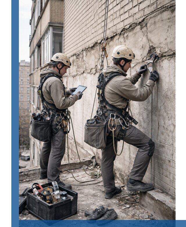 Обследование фасада промышленными альпинистами в Ржеве